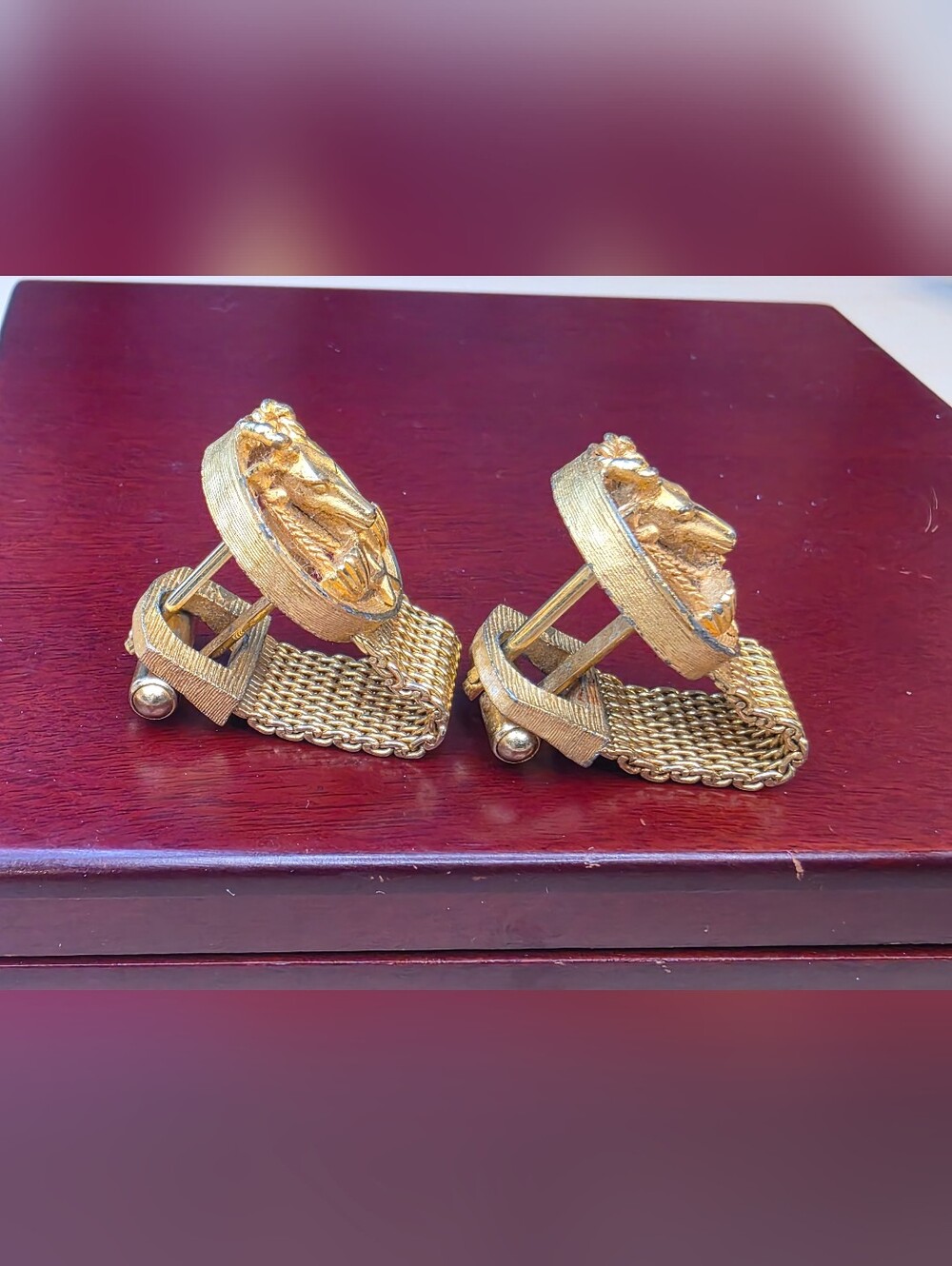 Vintage Gold Tone Mesh Wrap Cufflinks Scales Justice Star - Picture 4 of 9